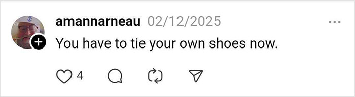 Social media post about self-reliance with the theme of tying shoes, related to hair loss and weight loss experiences.