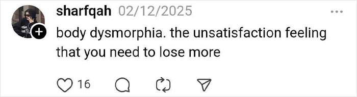 "Social media post discussing body dysmorphia related to weight loss."
