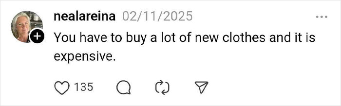 "Social media post about buying new clothes, linked to unexpected weight loss results and hair loss."