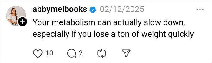 Social media post discussing metabolism slowdown after quick weight loss, impacting hair loss results.