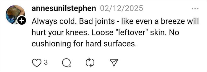 Social media post discussing joint issues and loose skin after weight loss.