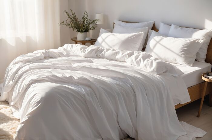 Unmade bed with white sheets in bright bedroom, highlighting common hygiene habits.