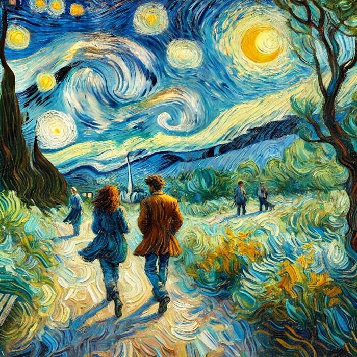 Couple walking in a Van Gogh-inspired starry night scene, reflecting an artistic unpopular opinion poll.