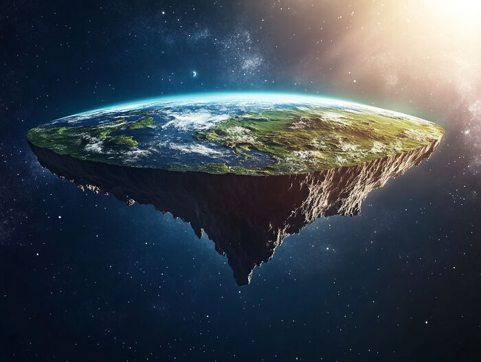 Flat Earth concept in space with sunlight, relating to an unpopular opinion poll.