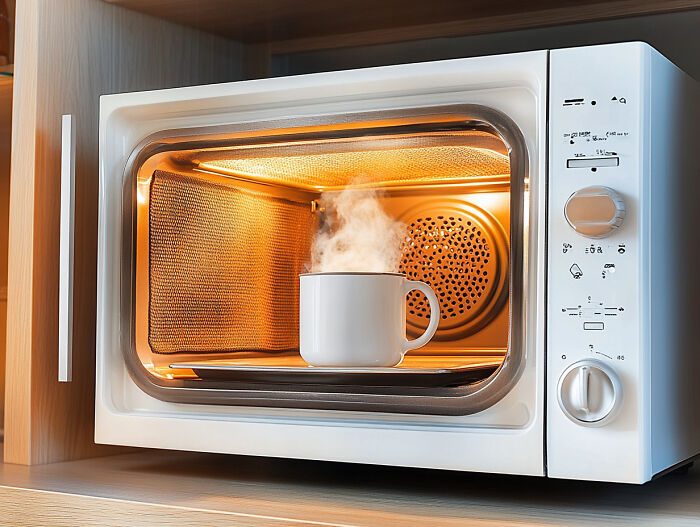 Steaming mug in a microwave, concept for unpopular opinion poll topic.