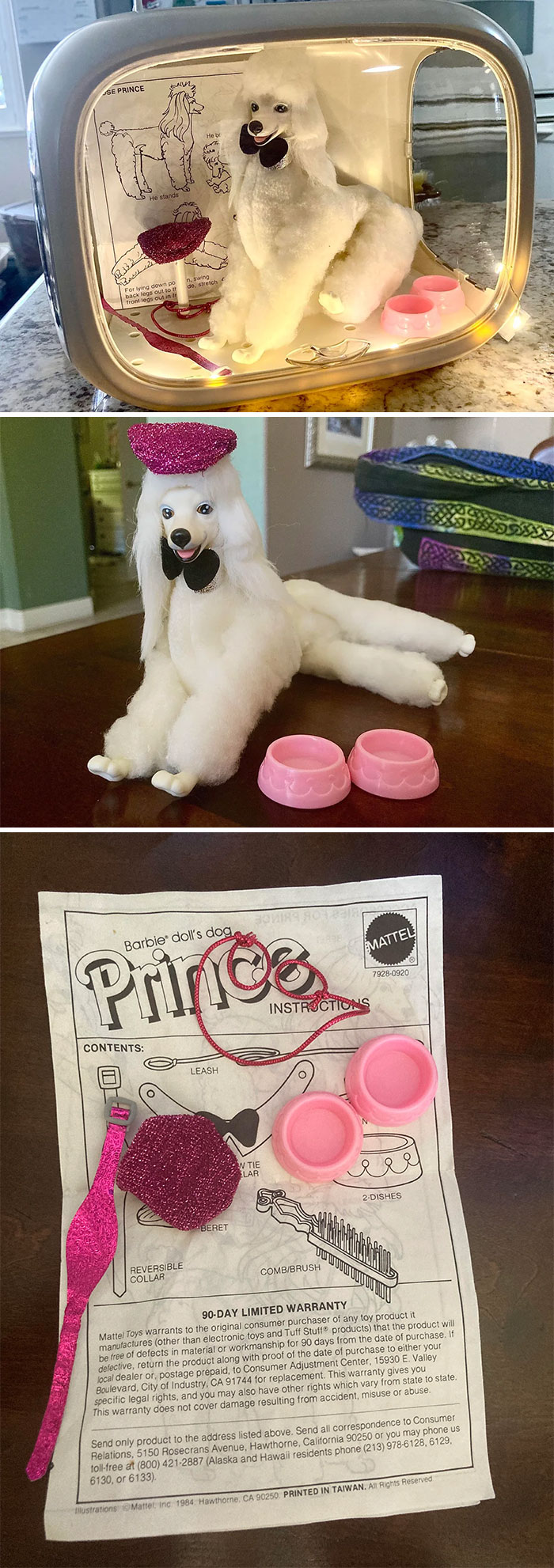 Vintage toy poodle set with accessories and instructions, featuring a white plush dog with a pink beret and bowls.
