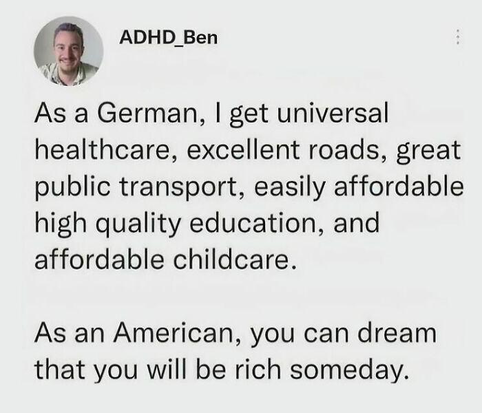 Text highlighting issues of capitalism in America, contrasting German and American benefits.