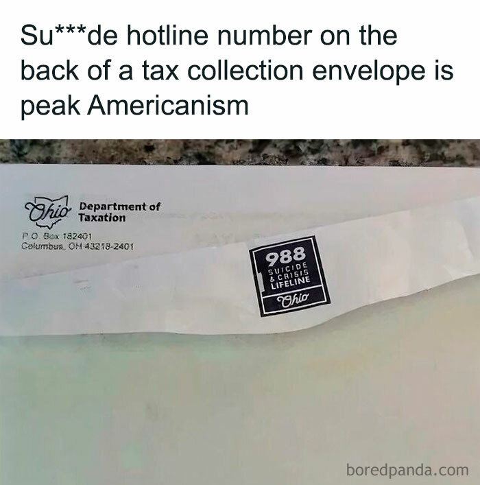 Tax collection envelope featuring a crisis hotline, highlighting capitalism issues in America.