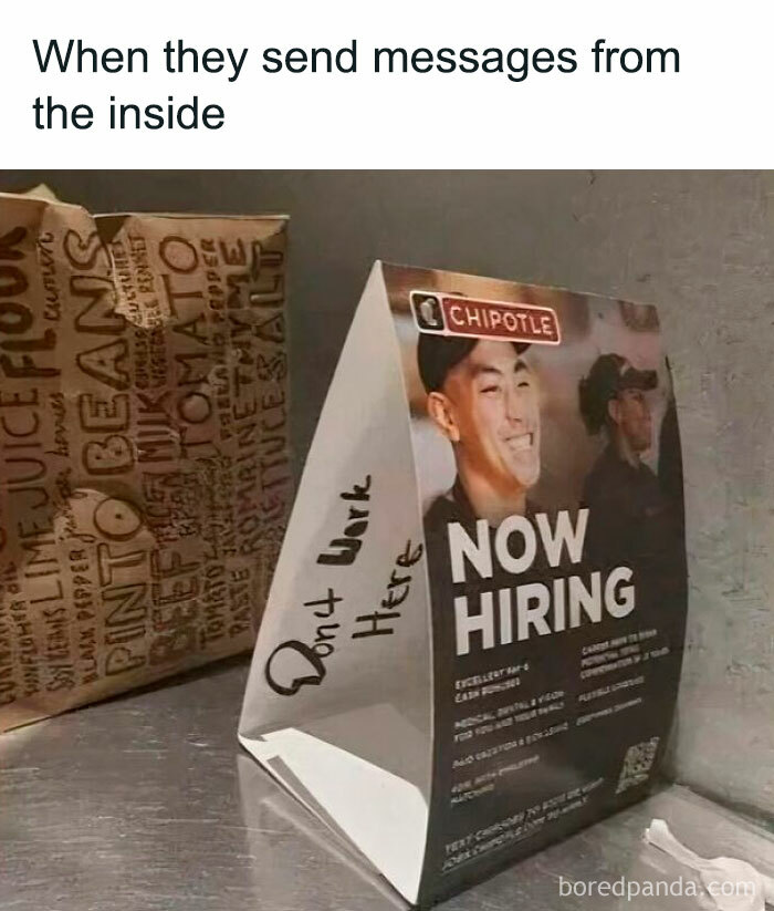 Chipotle hiring sign with "Don't work here" written on it, highlighting issues of capitalism in America.