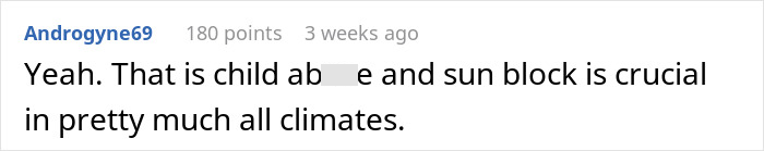 Reddit comment discussing the necessity of sunscreen for children in all climates.