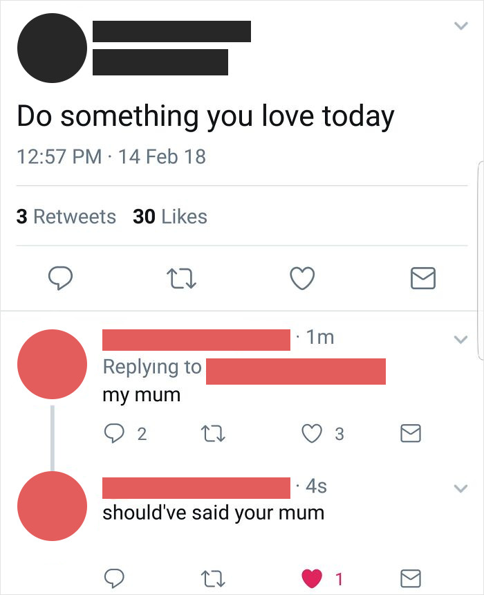 Twitter conversation showing a humorous Valentine's Day fail involving comments about "my mum" and "your mum."