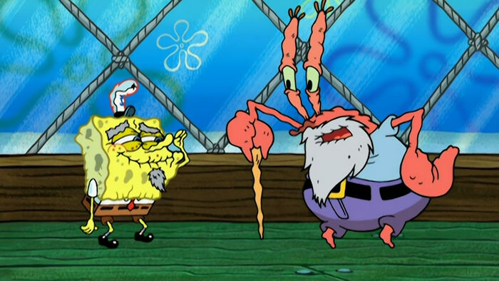 SpongeBob and Mr. Krabs as elderly characters inside the Krusty Krab, sharing unforgettable expressions.