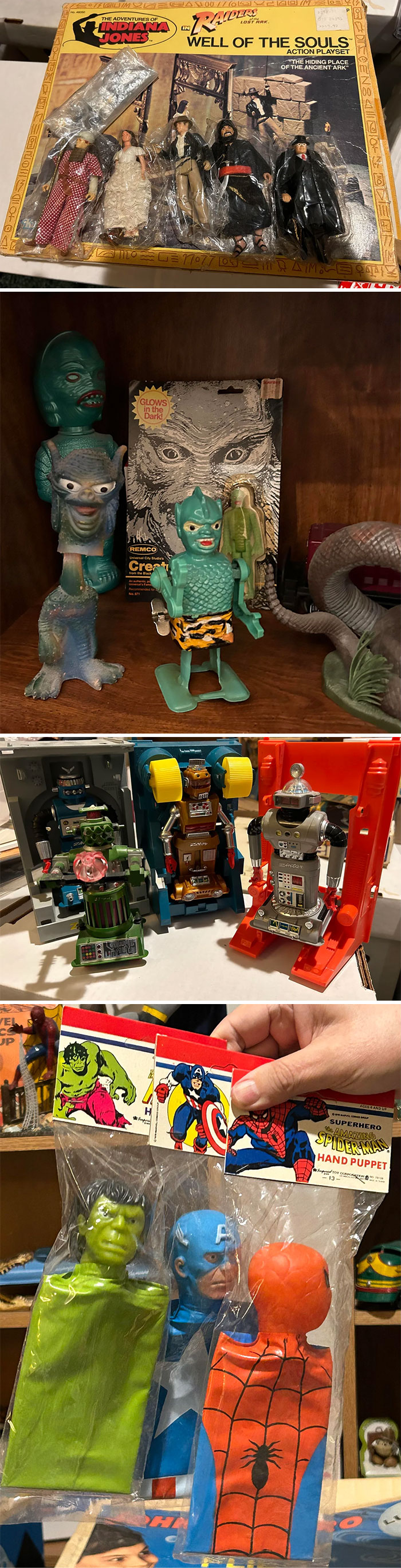 Vintage toys including Indiana Jones figures, retro robots, and superhero hand puppets displayed on shelves.