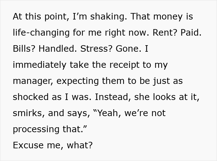 Image of text talking about a server not receiving a large tip, including manager's response. Image of text talking about a server not receiving a large tip, including manager's response.