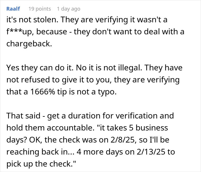 Verification process for a 1666% tip discussed, addressing server's non-receipt of $2,500 tip. Verification process for a 1666% tip discussed, addressing server's non-receipt of $2,500 tip.