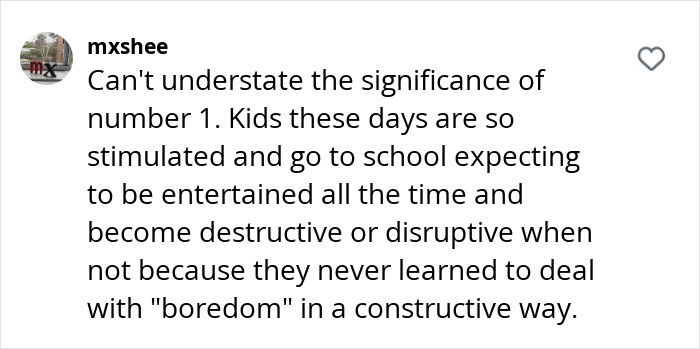 Comment on entitlement-free kids discussing the impact of boredom on children's behavior.