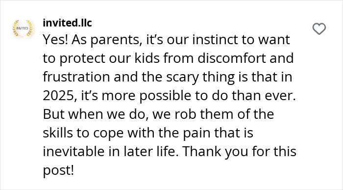 Comment discussing raising entitlement-free kids through frustration management.