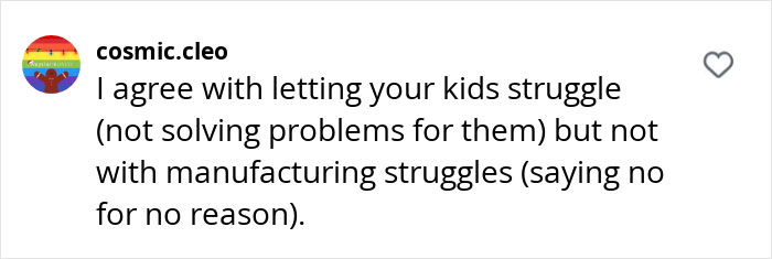 Comment discussing raising entitlement-free kids by allowing natural struggles.
