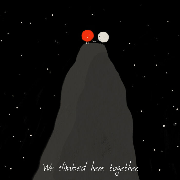 Two simple figures atop a dark mountain under a starry sky, symbolizing life’s values in simplicity.