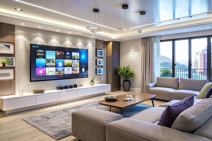 Luxurious living room with high-end furnishings and a large smart TV, showcasing what the super rich can buy.