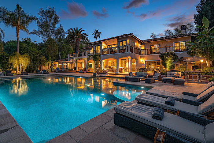Luxurious mansion with a large pool and outdoor lounge, showcasing wealth and opulence of the super rich.