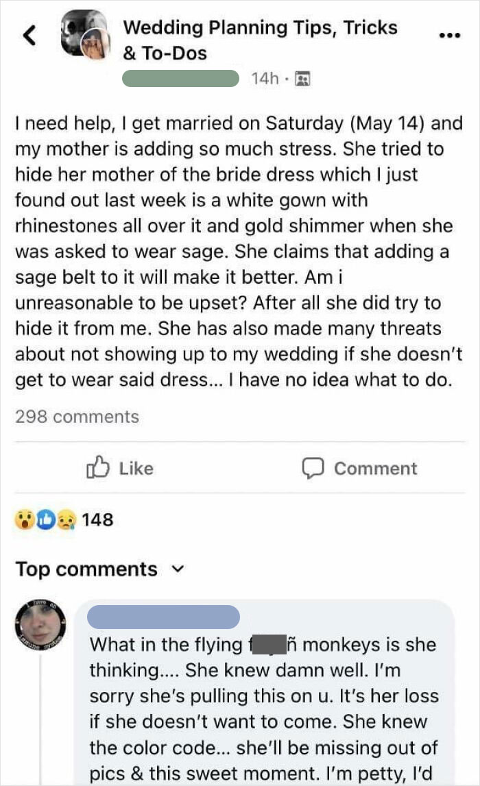 A Facebook post about wedding stress from a mother with a dress issue, sparking comments about terrible guests.