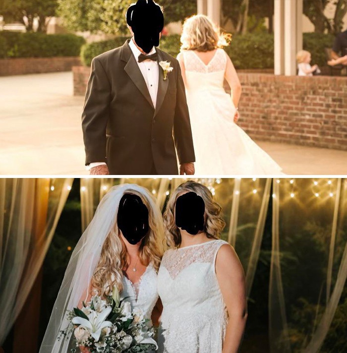 Guests at a wedding; one in a tuxedo, others in bridal gowns under string lights, capturing a memorable yet awkward moment.