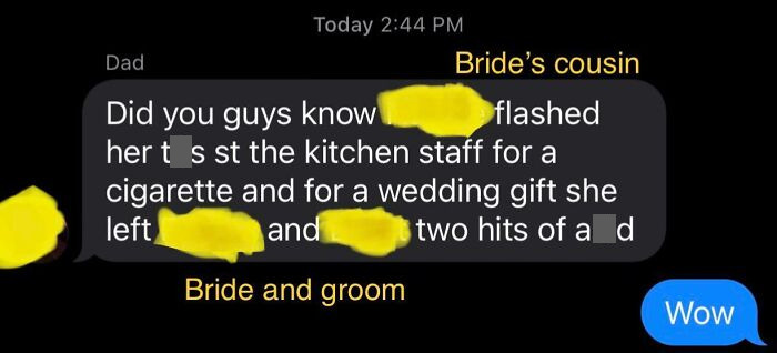Text exchange highlighting terrible wedding guest behavior.
