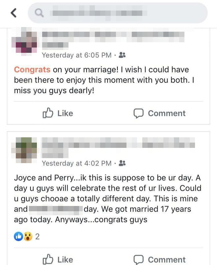 Social media post with awkward comments about wedding guests and conflicting anniversaries.