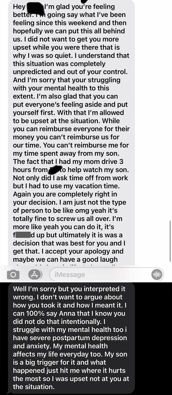 Text conversation about a wedding, discussing difficult guests and emotional situations.