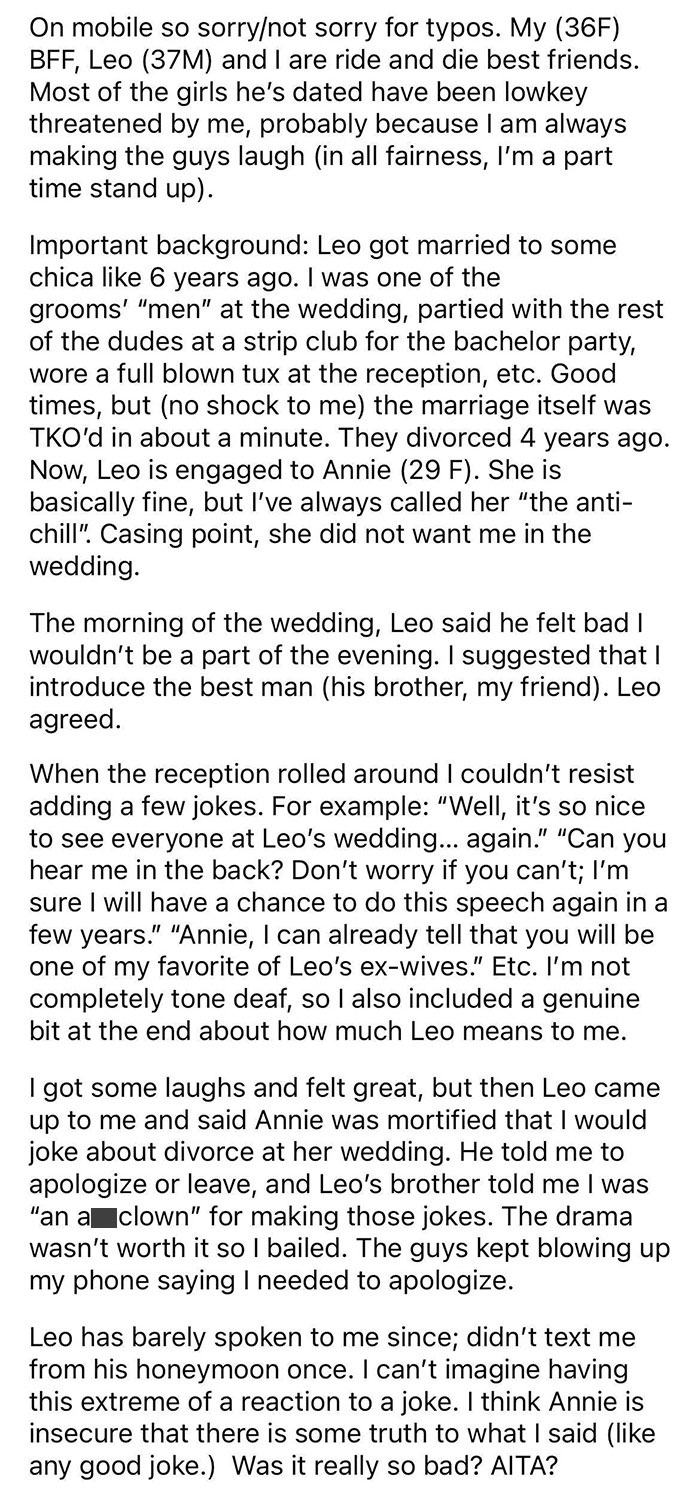 Text recounting a story about uncomfortable wedding guests making jokes, causing drama and tension.