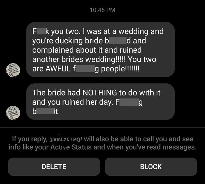 Text message rant about terrible wedding guests, with censored profanity.