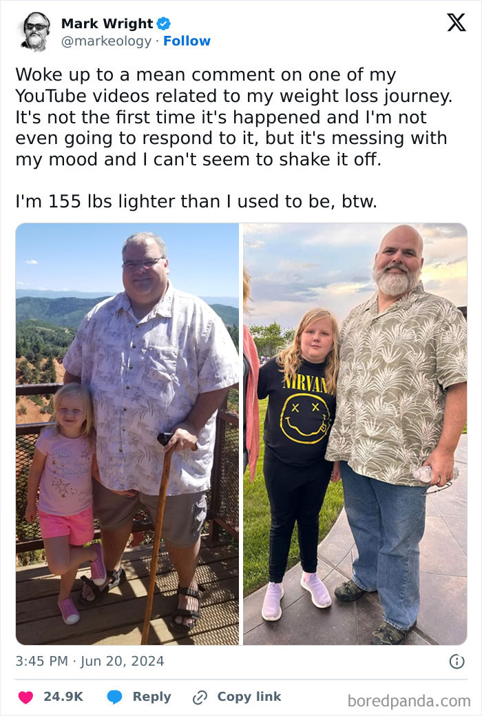 Weight-loss transformation showing before and after photos with the same man and child in different settings.