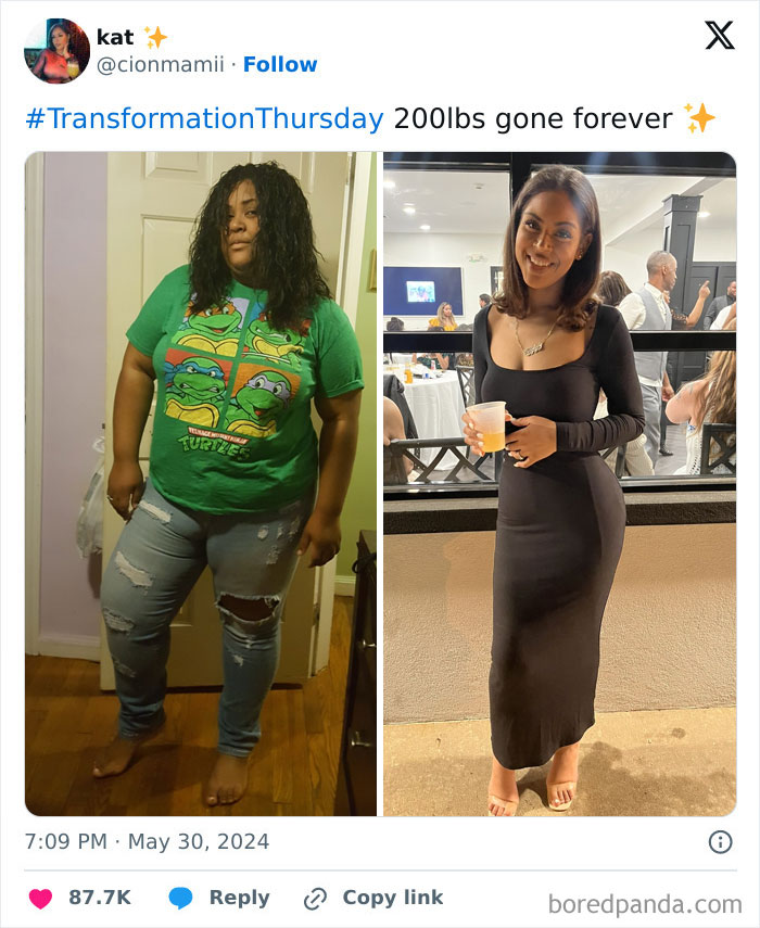Weight-loss transformation showing a person before and after losing weight, wearing different outfits.