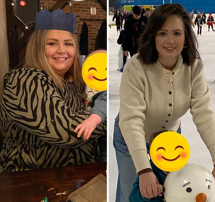Before and after weight-loss transformation of a woman, smiling with a child.