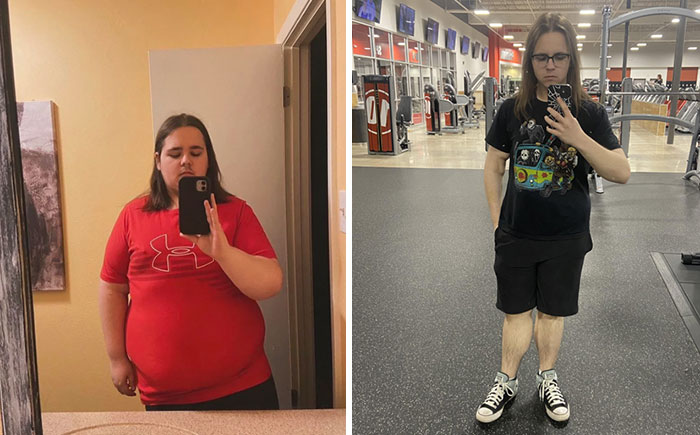 Weight-loss transformation showing a person before in a red shirt and after in a black shirt at the gym.