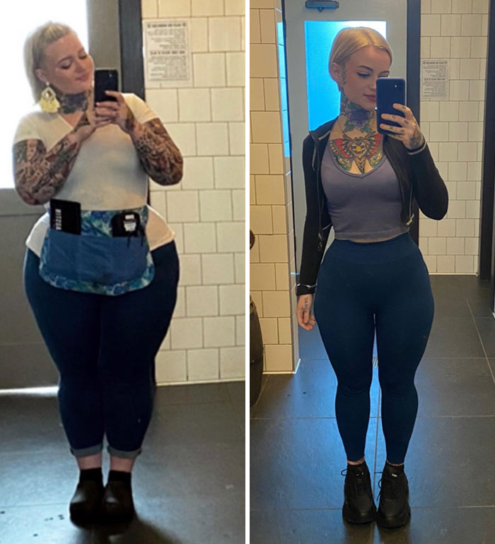 Weight-loss transformation before and after, woman takes mirror selfies in a bathroom, showcasing significant progress.