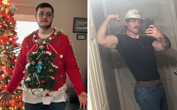 Before and after weight-loss transformation of a man, from festive sweater to flexing in a mirror selfie.