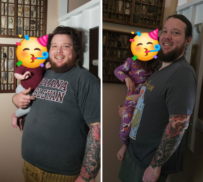 Man holding child in a weight loss transformation photo, showing before and after progress.