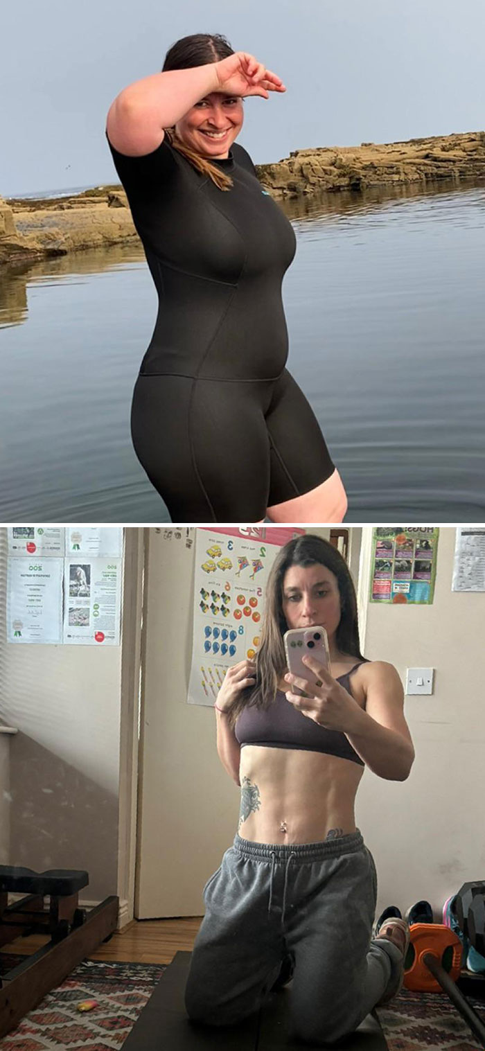 Weight-loss transformation showing a woman before and after her journey in two photos, highlighting noticeable changes.