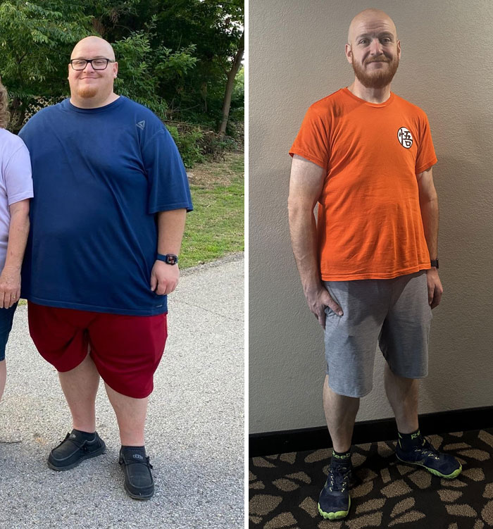 Weight loss transformation showing a man before in a blue shirt and after in an orange shirt, highlighting significant change.