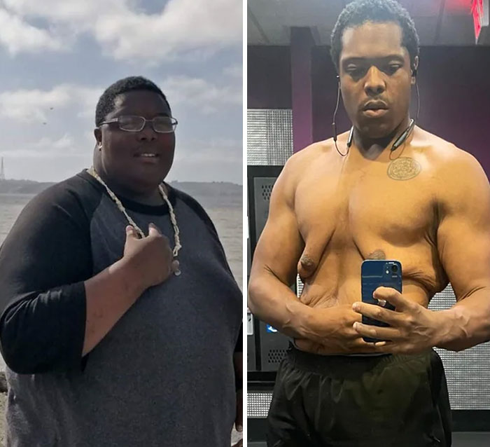 "Man's weight loss transformation, before and after. Left: outdoors, wearing glasses; right: at gym, showing muscular physique."