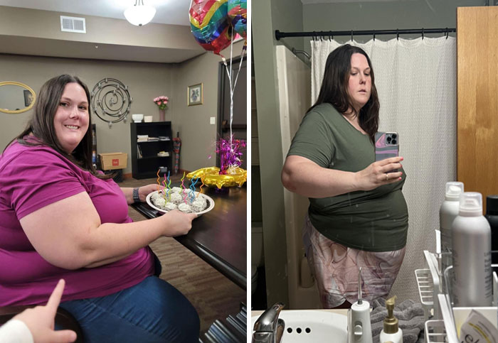 Weight-loss transformation showing a woman before and after, seated with balloons and standing in front of a mirror.