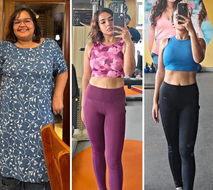 Weight-loss transformation shown through three side-by-side images.