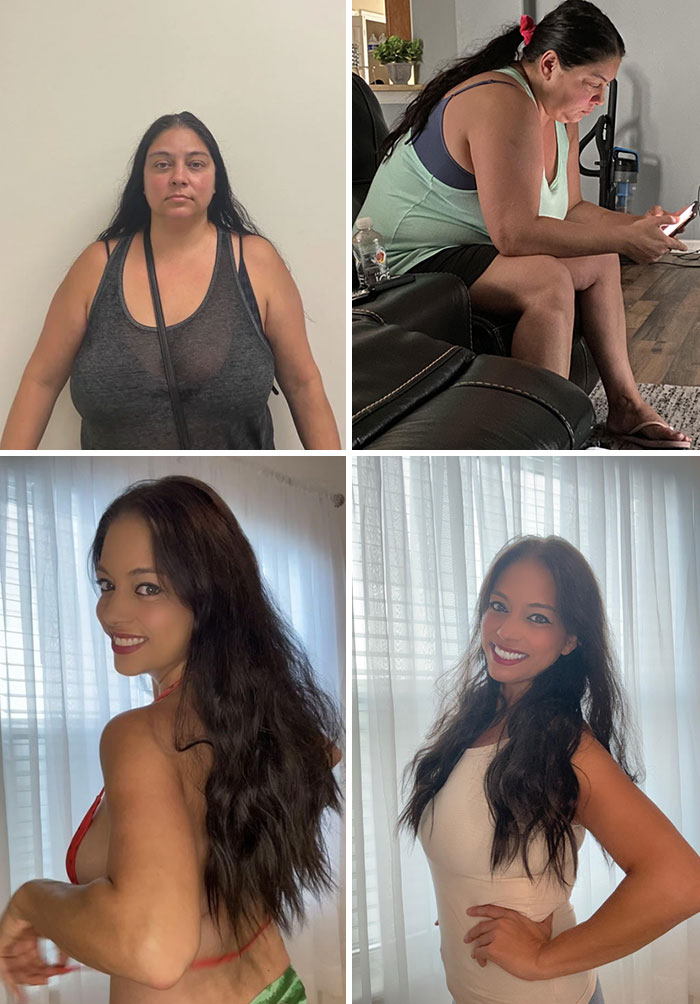 Weight-loss transformation showing a woman before and after significant change in appearance and fitness.