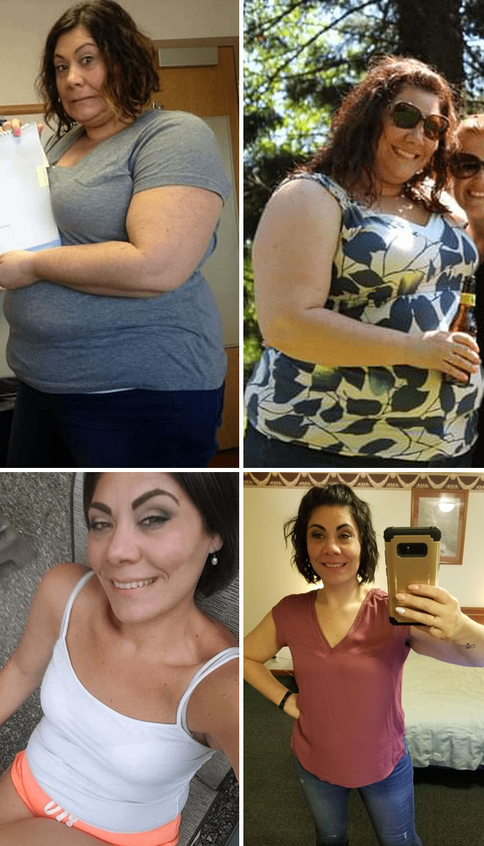 Before and after images showing a woman's weight-loss transformation, highlighting her progress and change in appearance.