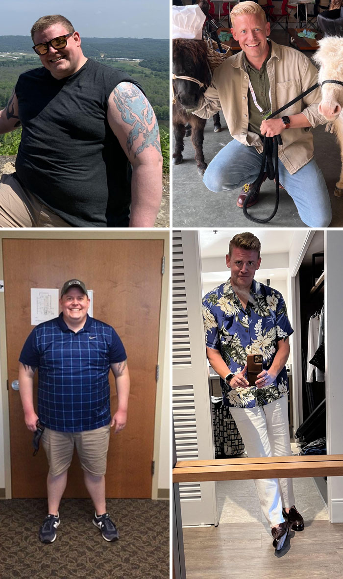 Before and after comparison showing a man's significant weight-loss transformation in four images.