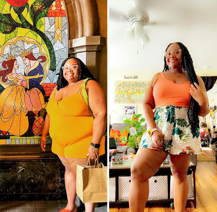 Weight loss transformation of a woman in colorful outfits, smiling in before and after photos.