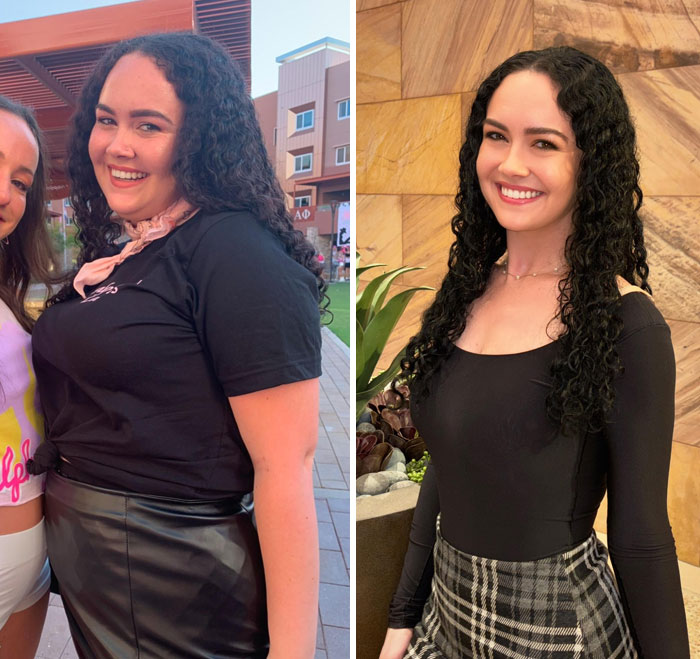 Woman showcasing weight-loss transformation in before and after photos, smiling with curly hair, wearing stylish outfits.