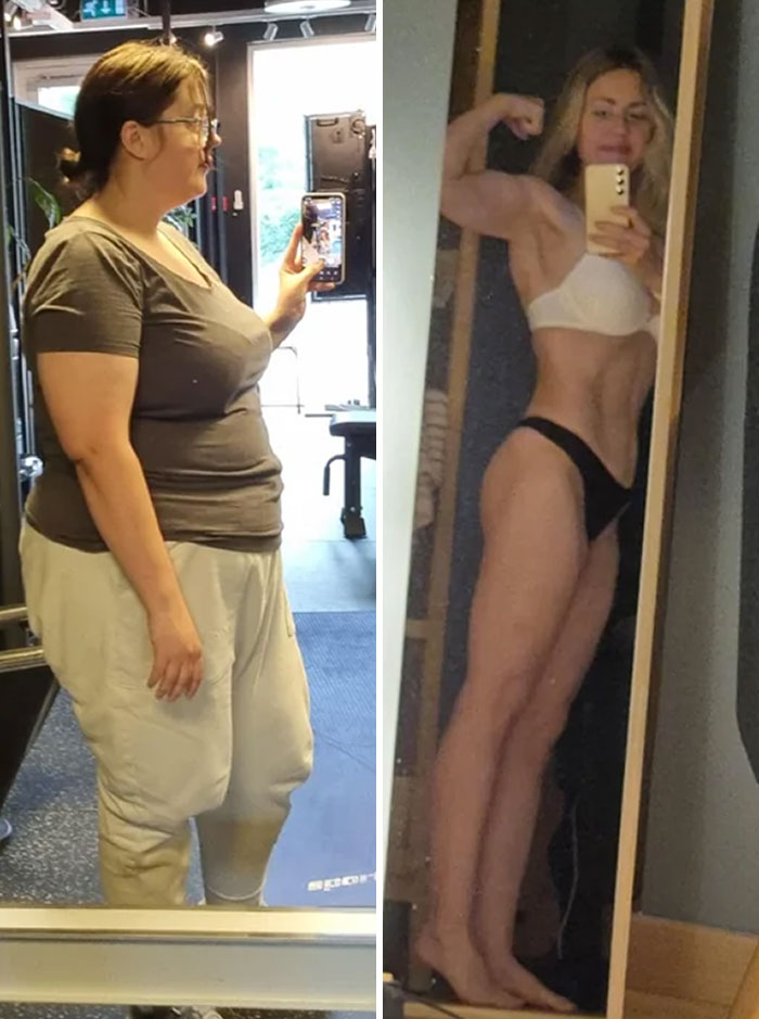 Weight-loss before-after transformation of a woman, showcasing significant fitness progress.